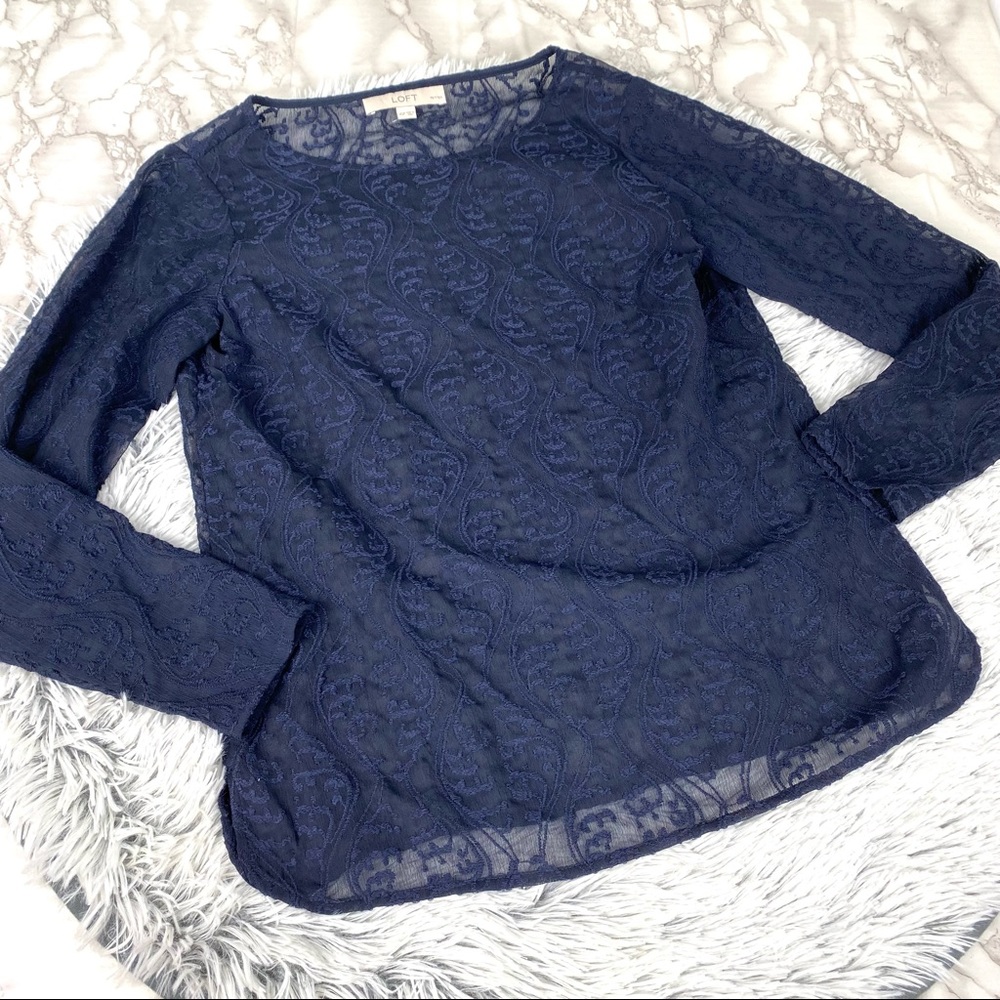 Loft Navy Sheer Lace Long Sleeve Top EUC
